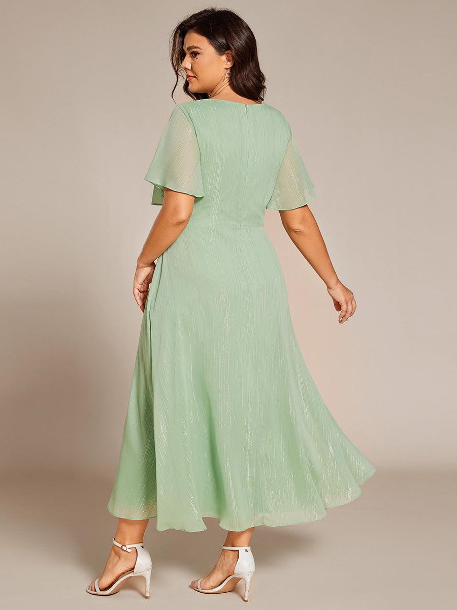 Robe d'invité de mariage mi-longue trapèze à manches courtes et paillettes avec ourlet à volants #Couleur_Vert Dete