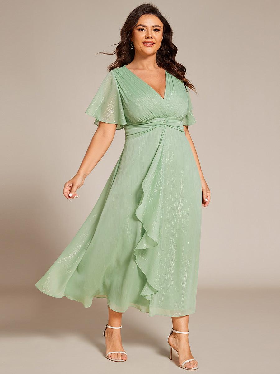 Robe d'invité de mariage mi-longue trapèze à manches courtes et paillettes avec ourlet à volants #Couleur_Vert Dete
