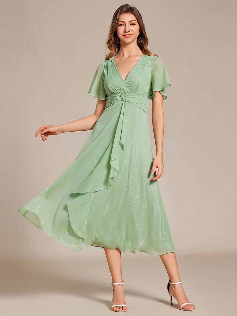 Robe d'invité de mariage mi-longue trapèze à manches courtes et paillettes avec ourlet à volants #Couleur_Vert Dete