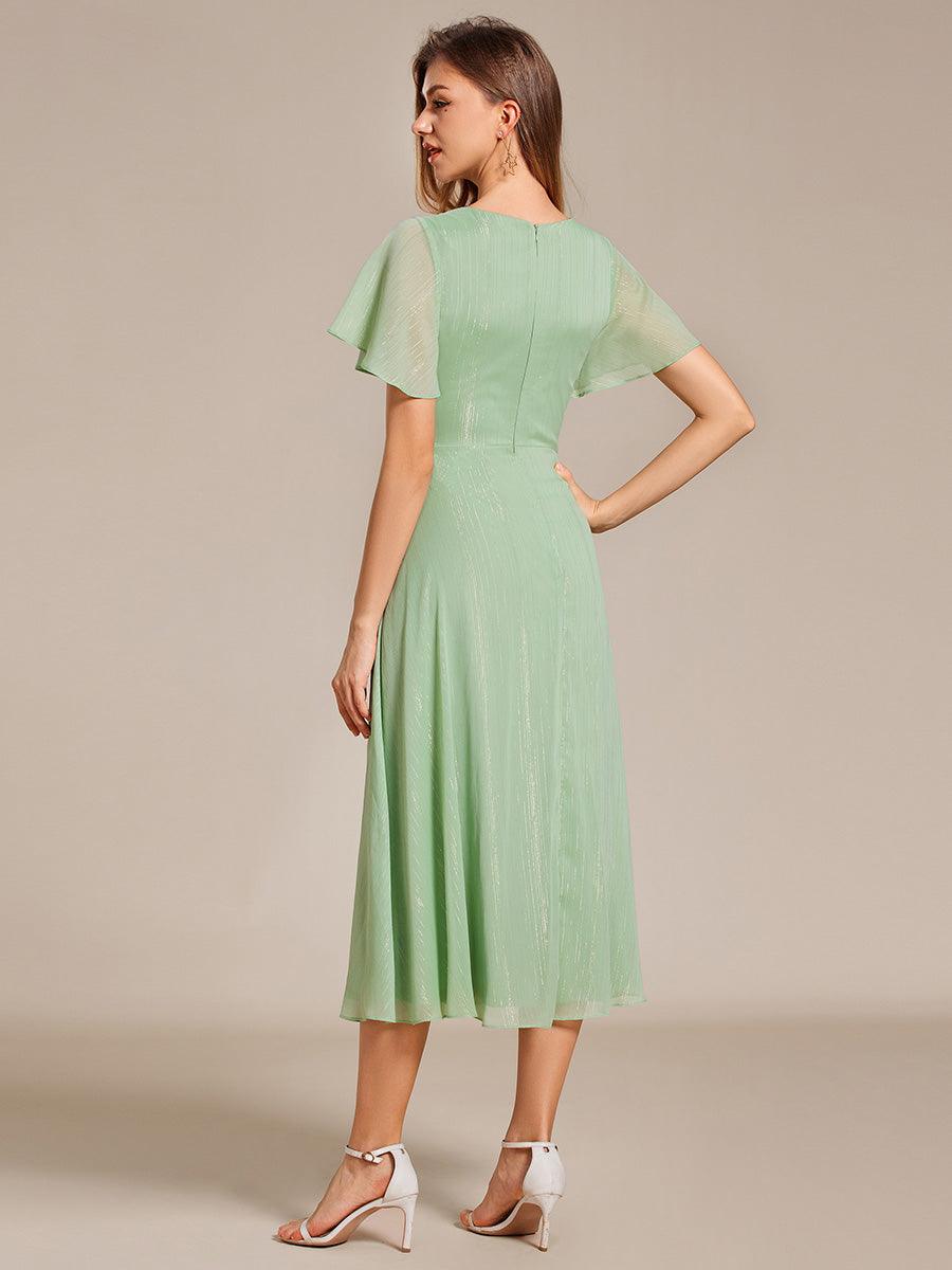 Robe d'invité de mariage mi-longue trapèze à manches courtes et paillettes avec ourlet à volants #Couleur_Vert Dete