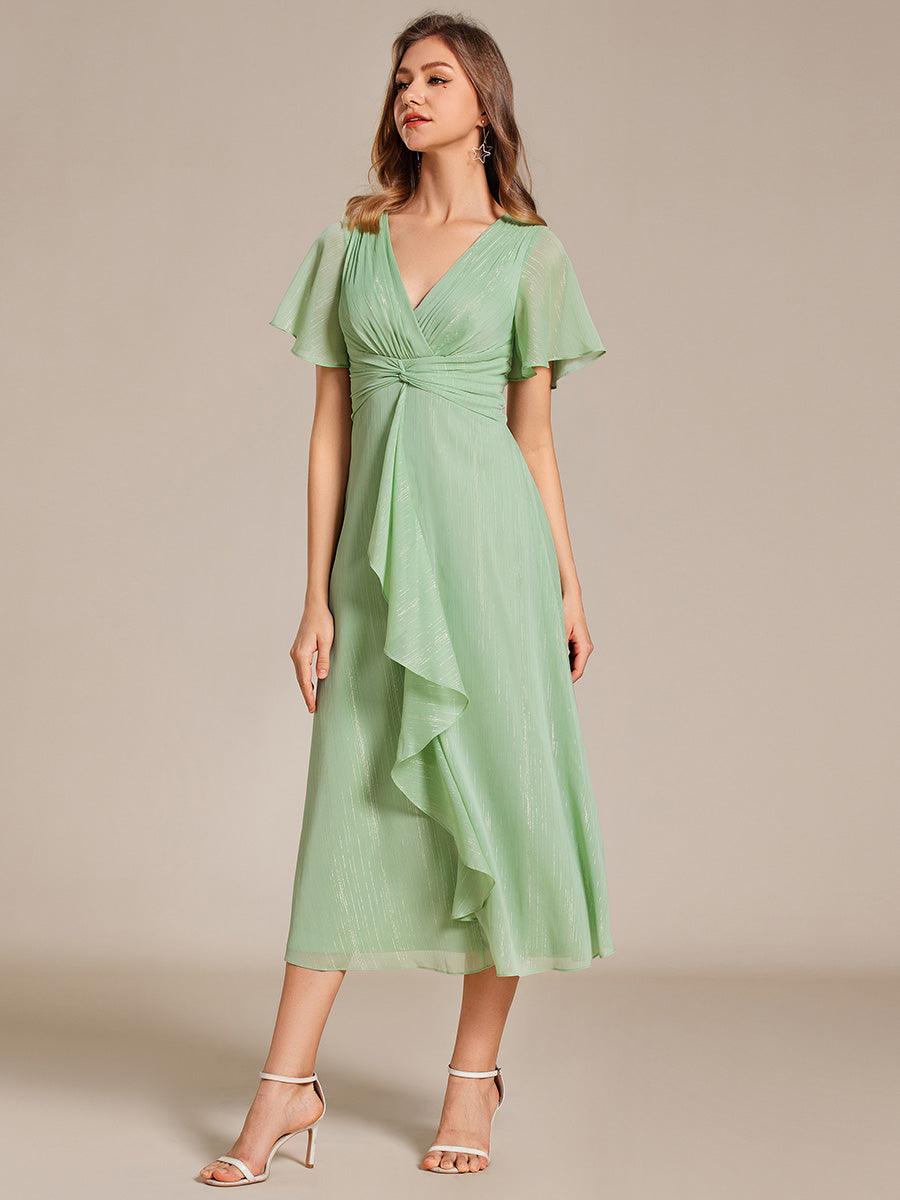 Robe d'invité de mariage mi-longue trapèze à manches courtes et paillettes avec ourlet à volants #Couleur_Vert Dete
