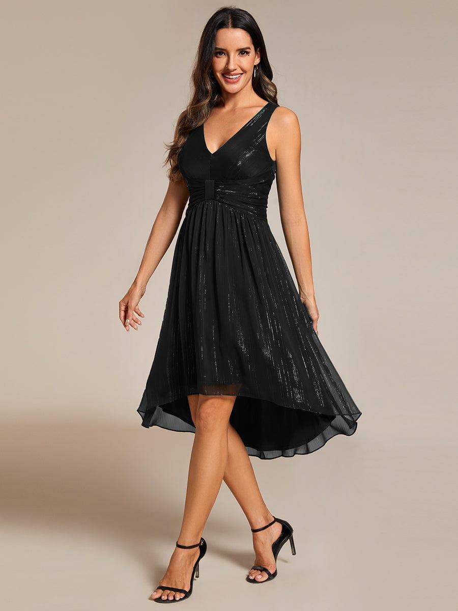 Robe d'invité de mariage plissée sans manches à taille haute et basse à paillettes #Couleur_Noir
