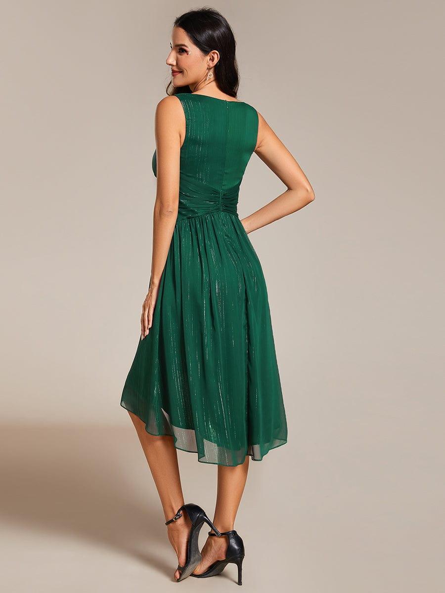 Robe d'invité de mariage plissée sans manches à taille haute et basse à paillettes #Couleur_Vert Fonce