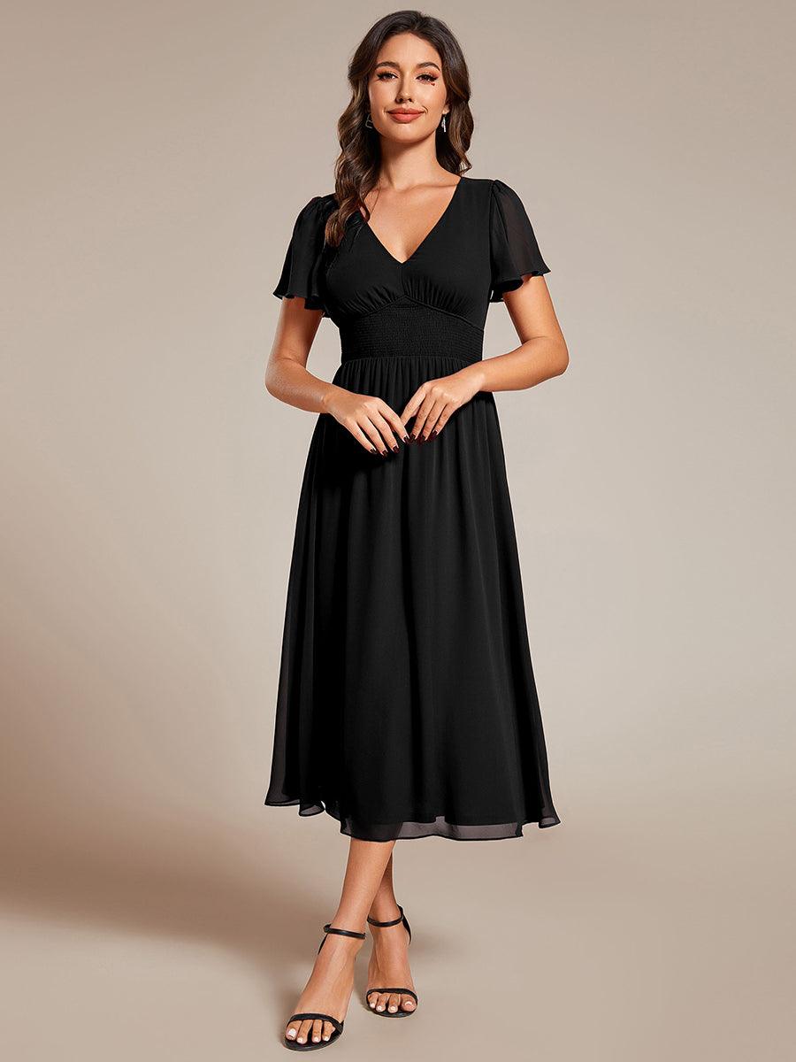 Robe d'invité de mariage mi-longue à col en V et manches à volants #Couleur_Noir