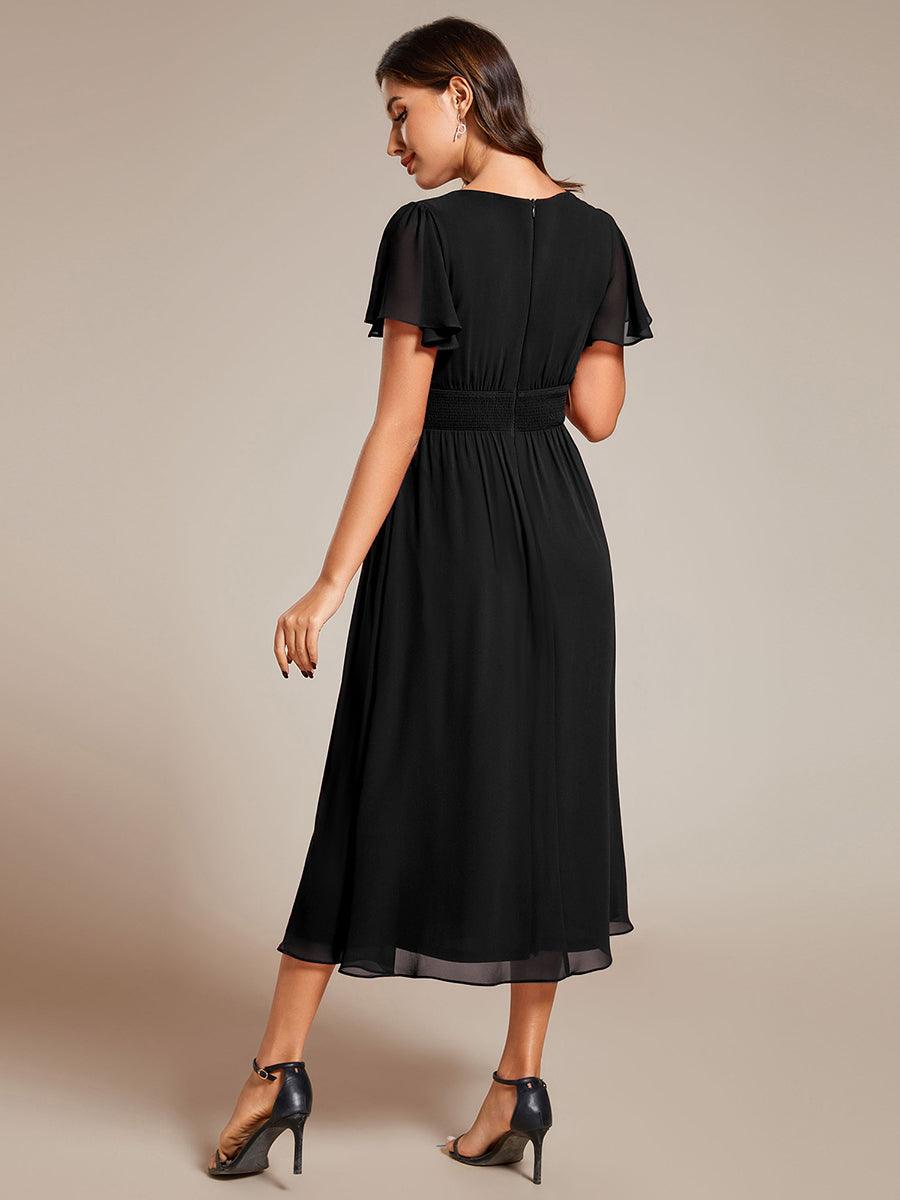 Robe d'invité de mariage mi-longue à col en V et manches à volants #Couleur_Noir