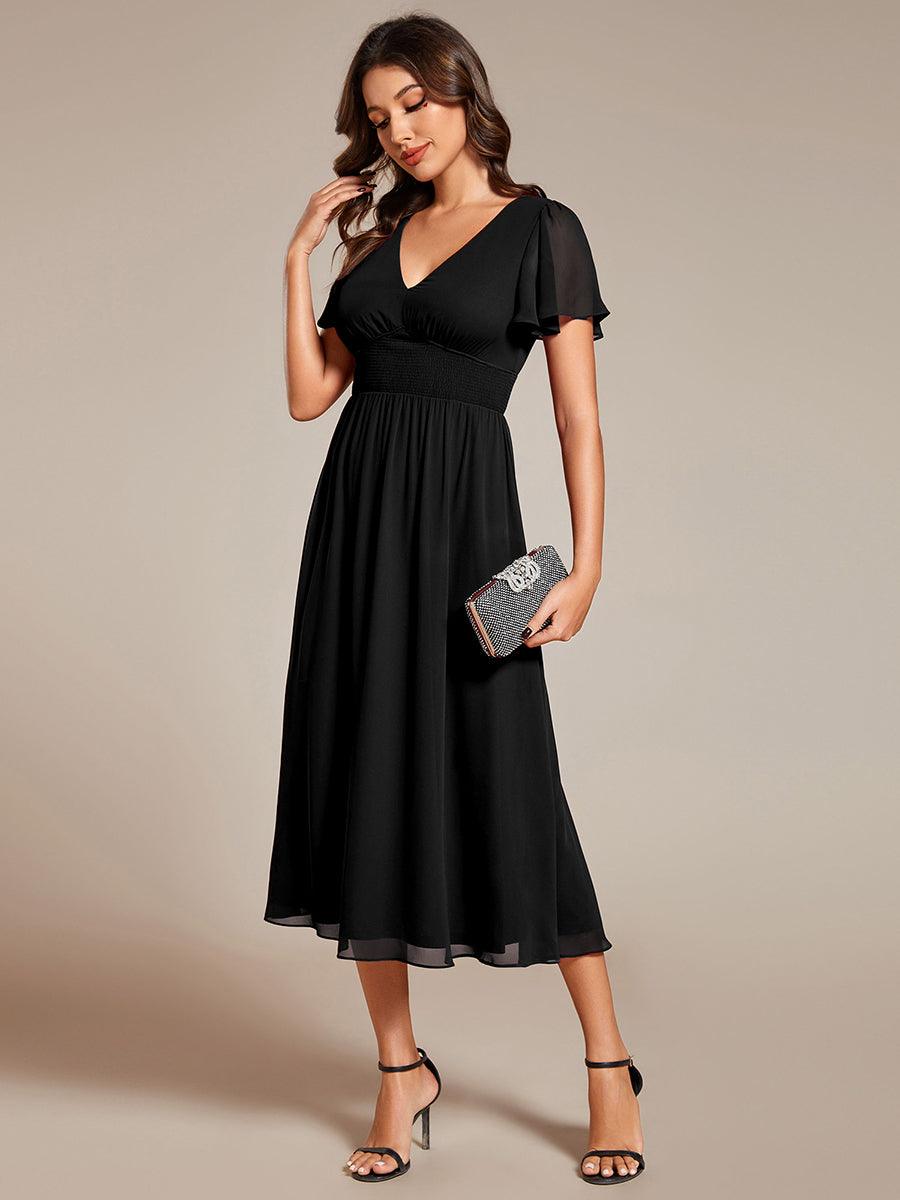 Robe d'invité de mariage mi-longue à col en V et manches à volants #Couleur_Noir