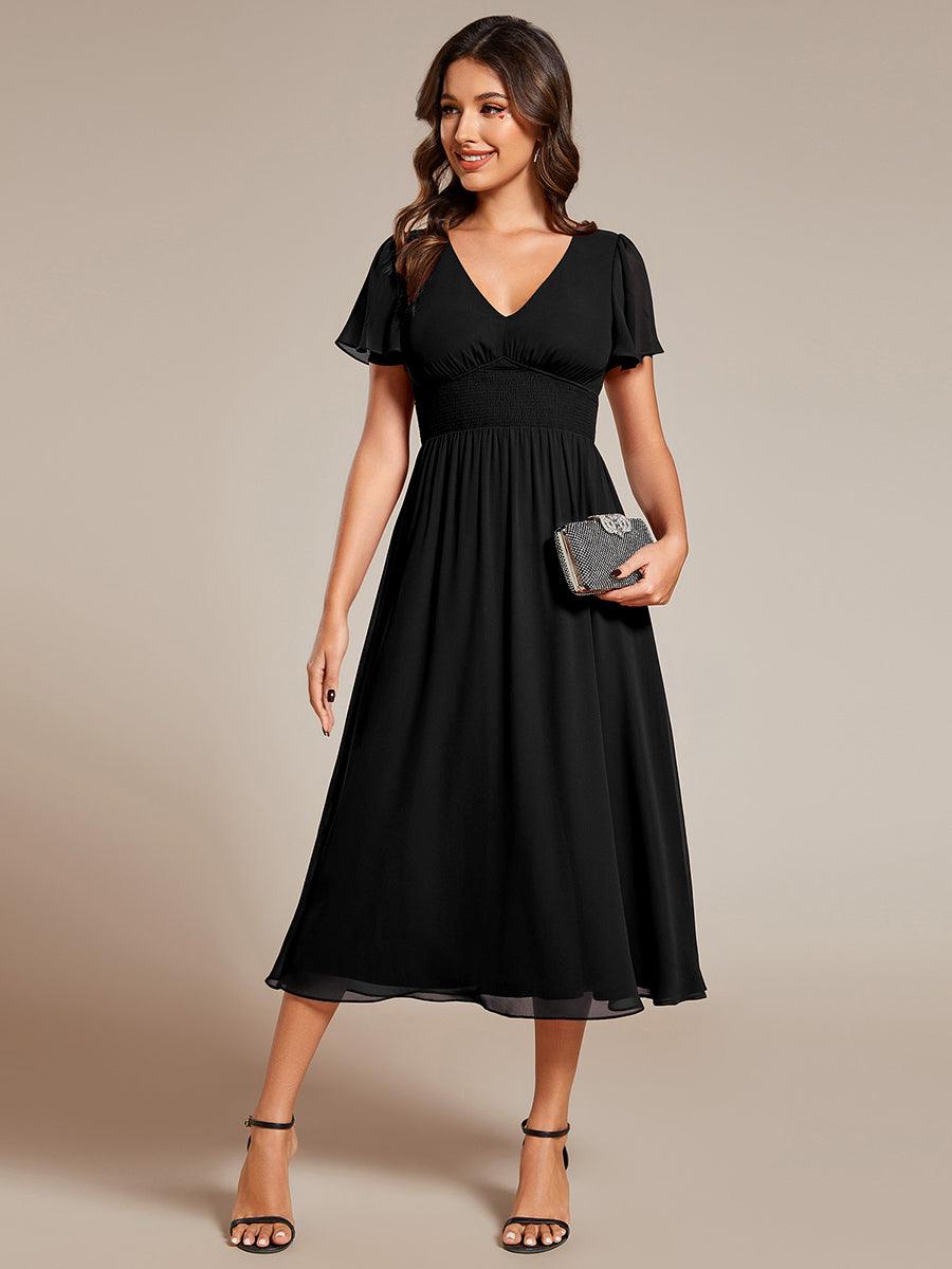 Robe d'invité de mariage mi-longue à col en V et manches à volants #Couleur_Noir