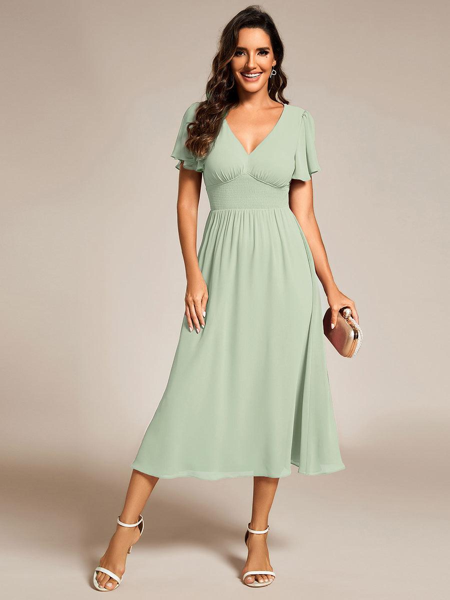 Robe d'invité de mariage mi-longue à col en V et manches à volants #Couleur_Menthe Verte
