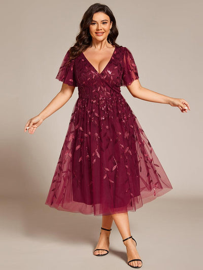 pretty SIMONE|Robe d'invité de mariage formelle en tulle mi-longue scintillante de grande taille avec paillettes de feuilles