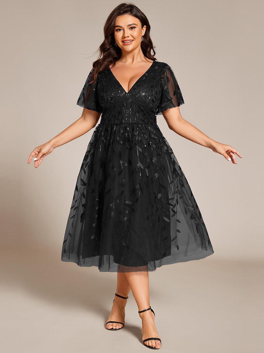 Robe d'invité de mariage formelle mi-longue à paillettes et feuilles à manches courtes #Couleur_Noir