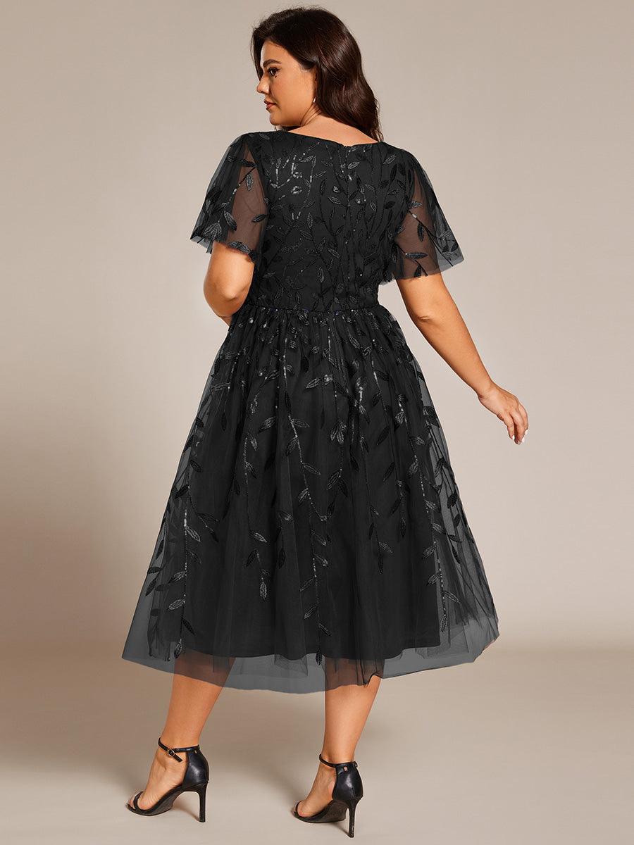 Robe d'invité de mariage formelle mi-longue à paillettes et feuilles à manches courtes #Couleur_Noir