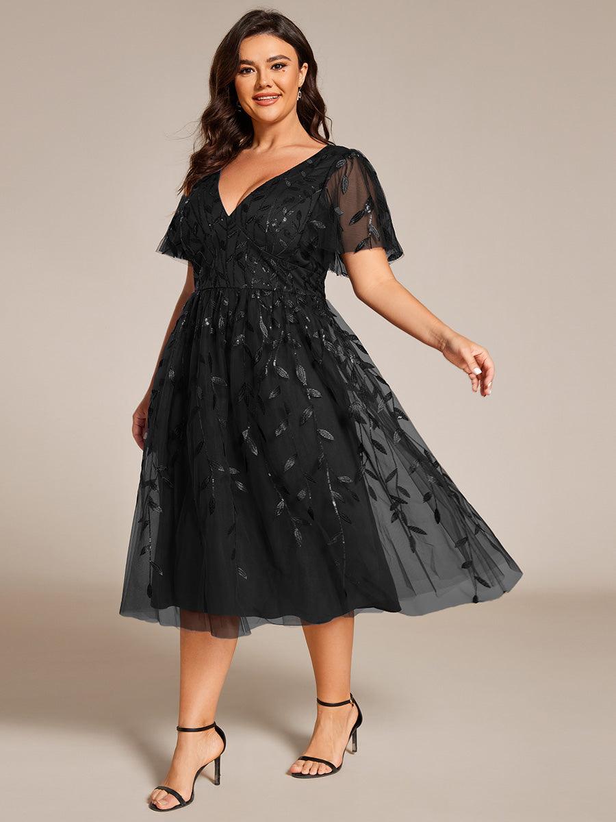 Robe d'invité de mariage formelle mi-longue à paillettes et feuilles à manches courtes #Couleur_Noir