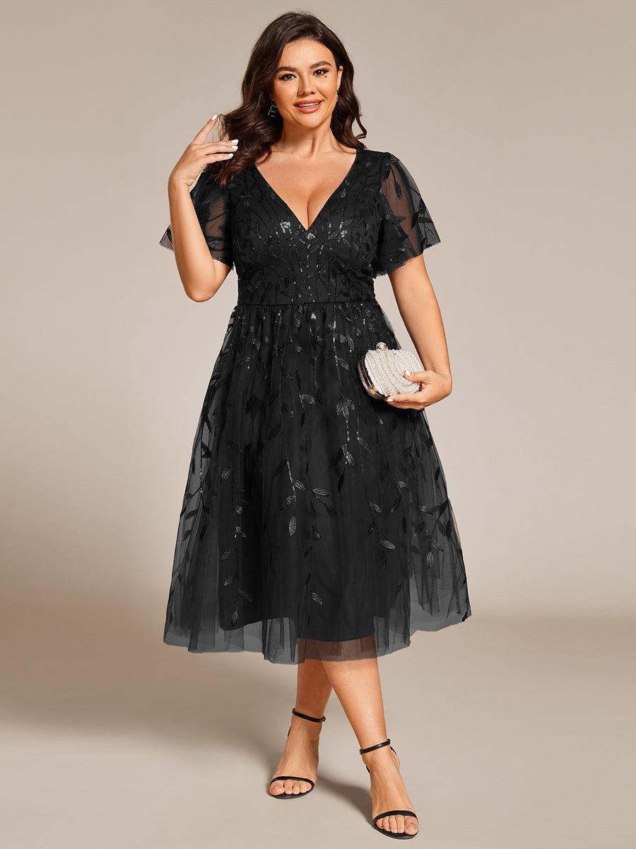 Robe d'invité de mariage formelle mi-longue à paillettes et feuilles à manches courtes #Couleur_Noir