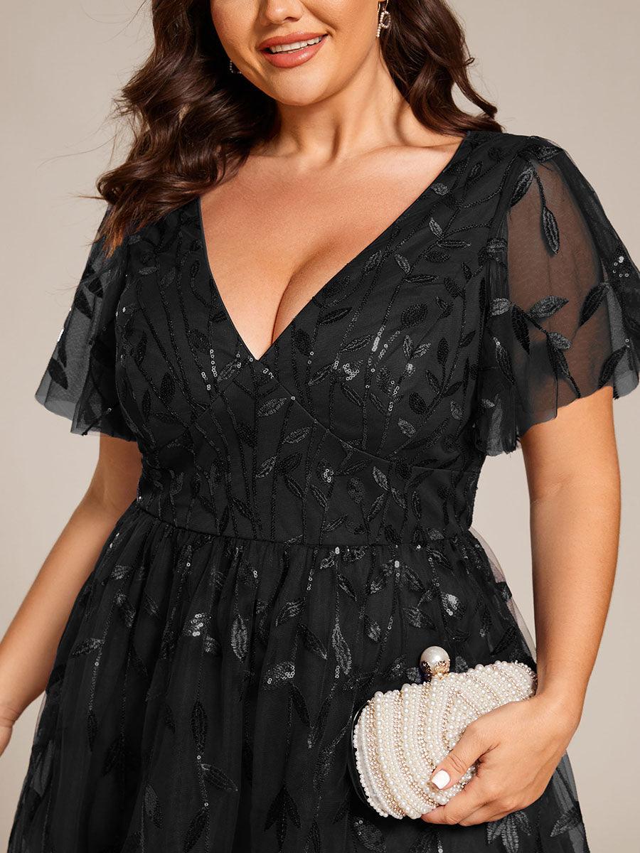 Robe d'invité de mariage formelle mi-longue à paillettes et feuilles à manches courtes #Couleur_Noir