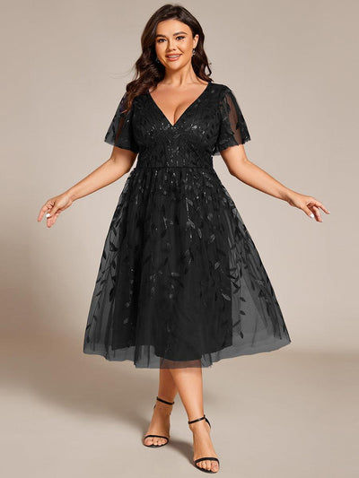 pretty SIMONE|Robe d'invité de mariage formelle en tulle mi-longue scintillante de grande taille avec paillettes de feuilles