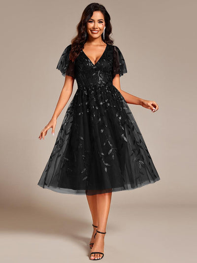 ever SIMONE|Robe d'invité de mariage formelle mi-longue à paillettes et feuilles à manches courtes