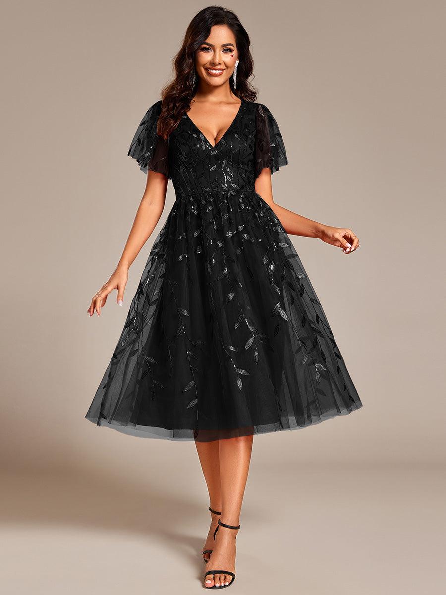Robe d'invité de mariage formelle mi-longue à paillettes et feuilles à manches courtes #Couleur_Noir