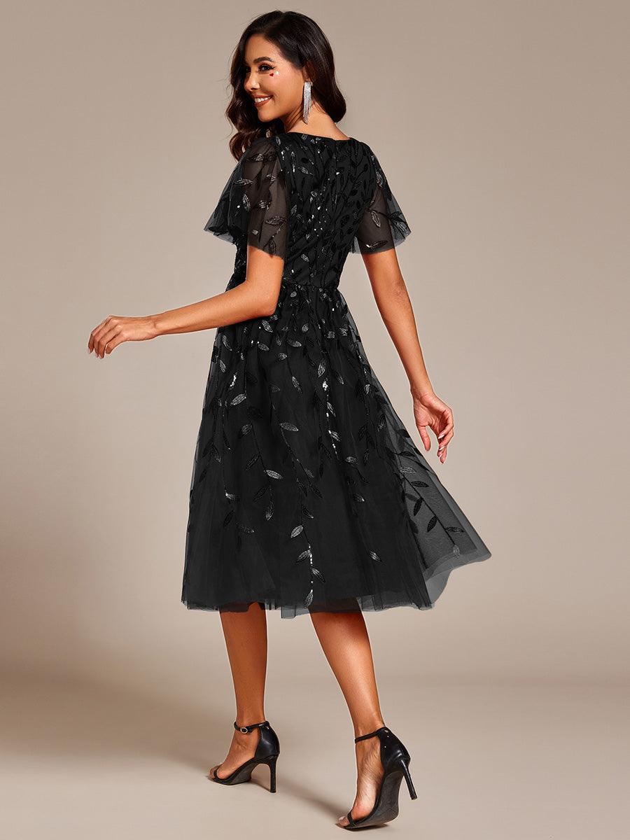 Robe d'invité de mariage formelle mi-longue à paillettes et feuilles à manches courtes #Couleur_Noir