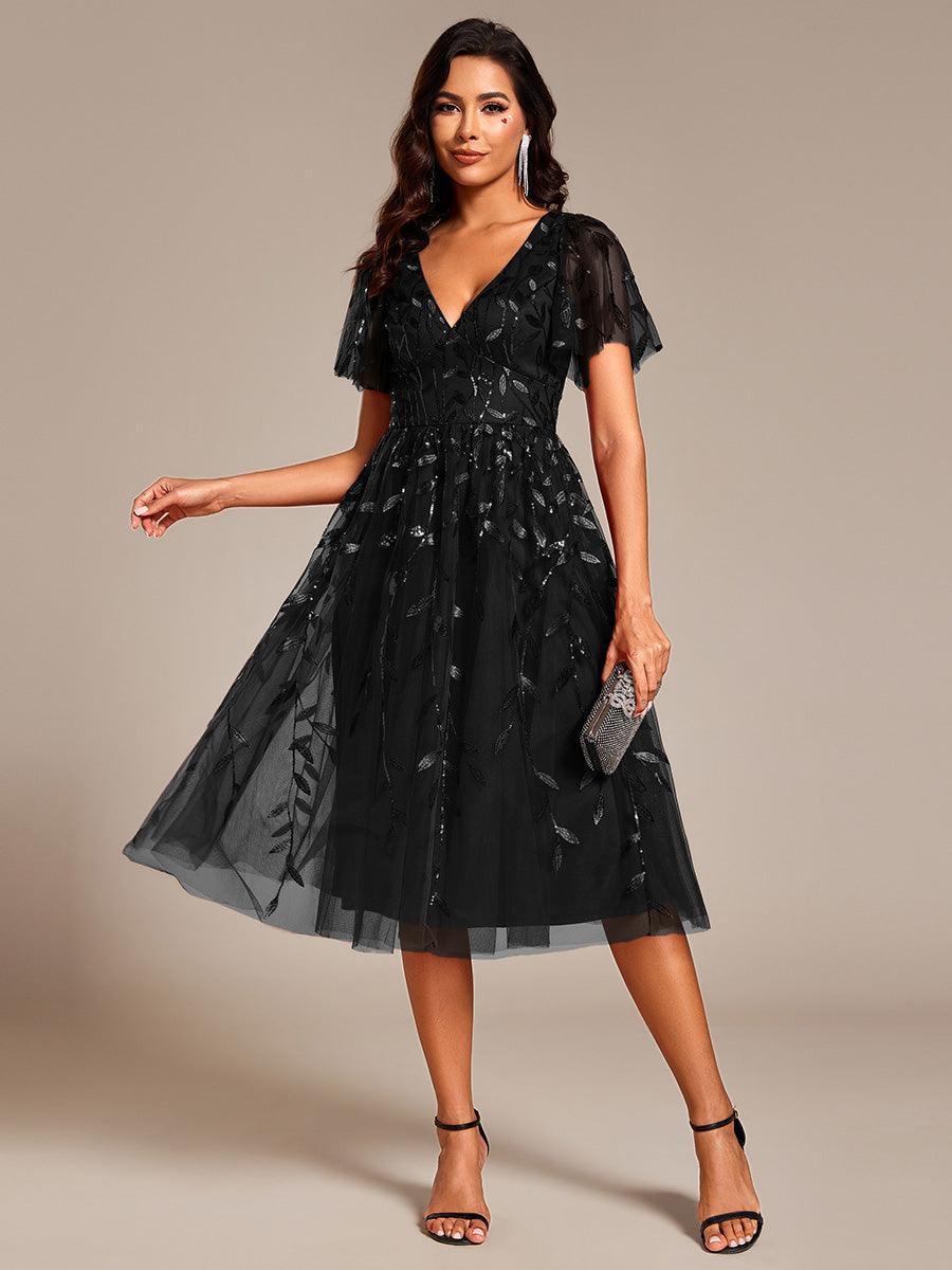 Robe d'invité de mariage formelle mi-longue à paillettes et feuilles à manches courtes #Couleur_Noir
