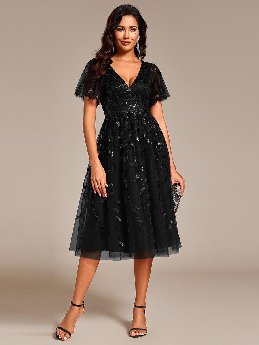 Robe d'invité de mariage formelle mi-longue à paillettes et feuilles à manches courtes #Couleur_Noir