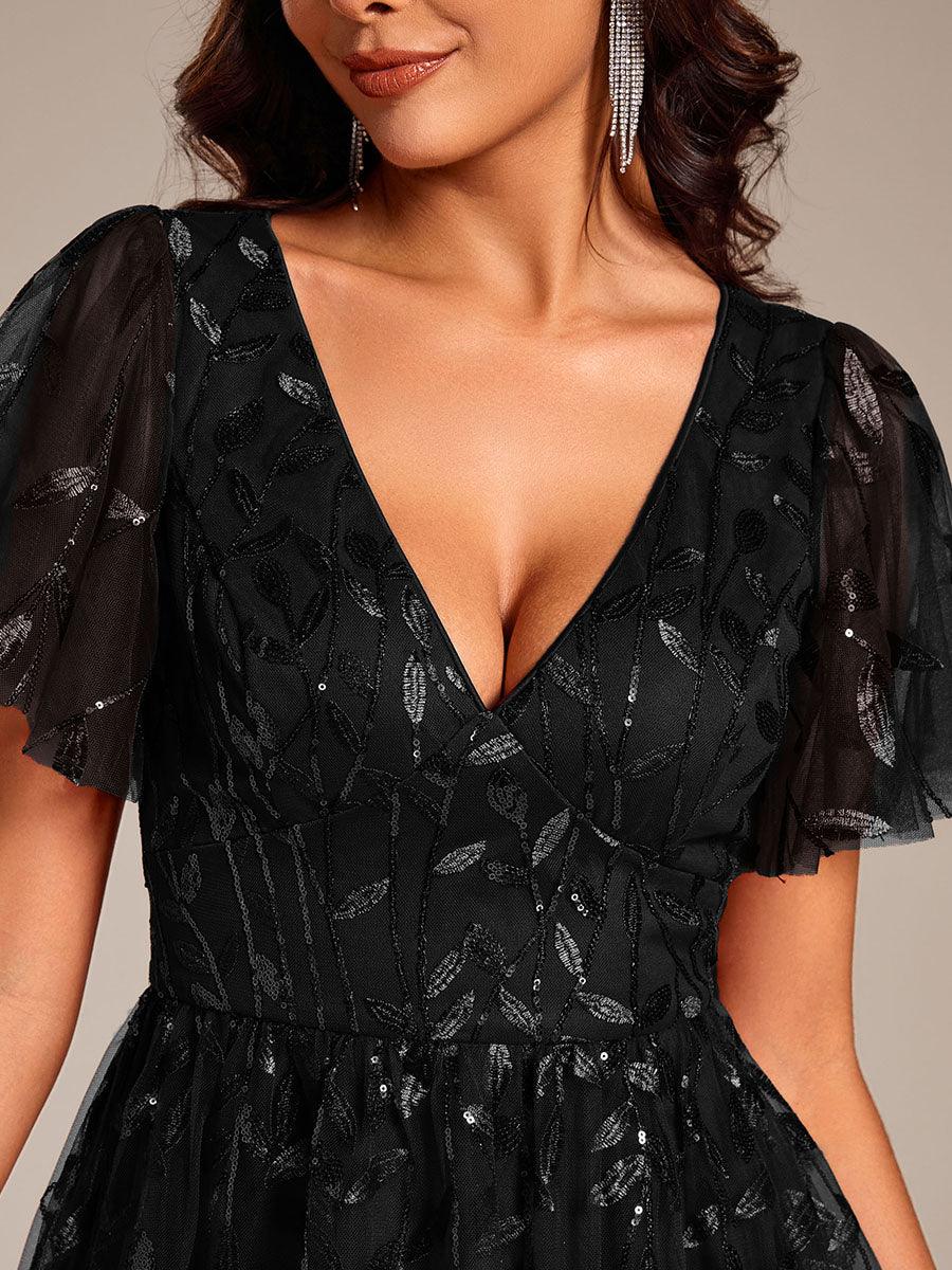 Robe d'invité de mariage formelle mi-longue à paillettes et feuilles à manches courtes #Couleur_Noir