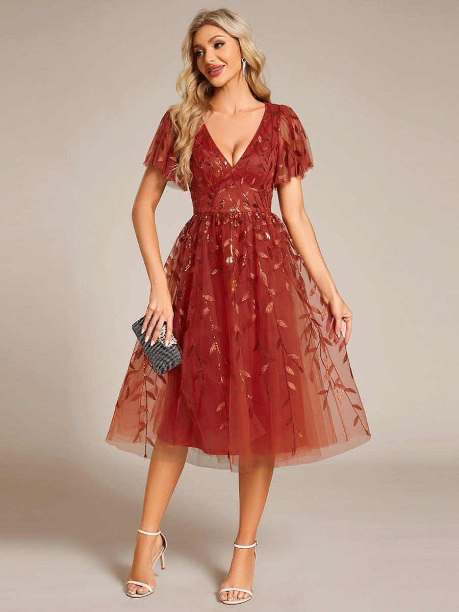 Robe d'invité de mariage formelle mi-longue à paillettes et feuilles à manches courtes #Couleur_Orange Brûlée