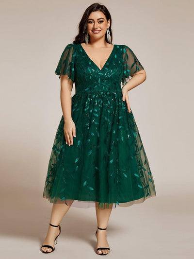 pretty SIMONE|Robe d'invité de mariage formelle en tulle mi-longue scintillante de grande taille avec paillettes de feuilles
