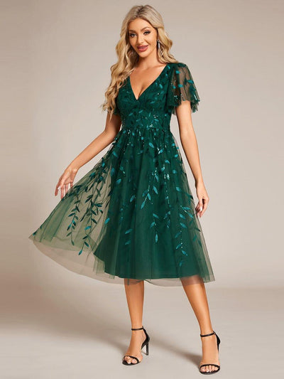 ever SIMONE|Robe d'invité de mariage formelle mi-longue à paillettes et feuilles à manches courtes