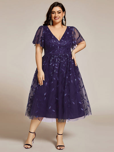 pretty SIMONE|Robe d'invité de mariage formelle en tulle mi-longue scintillante de grande taille avec paillettes de feuilles