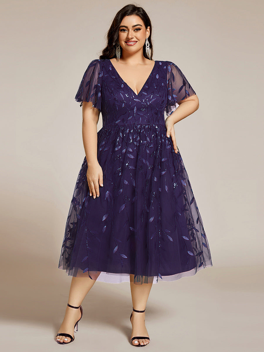 Robe d'invité de mariage formelle mi-longue à paillettes et feuilles à manches courtes #Couleur_Violet Fonce
