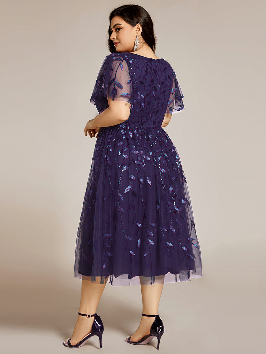 Robe d'invité de mariage formelle mi-longue à paillettes et feuilles à manches courtes #Couleur_Violet Fonce