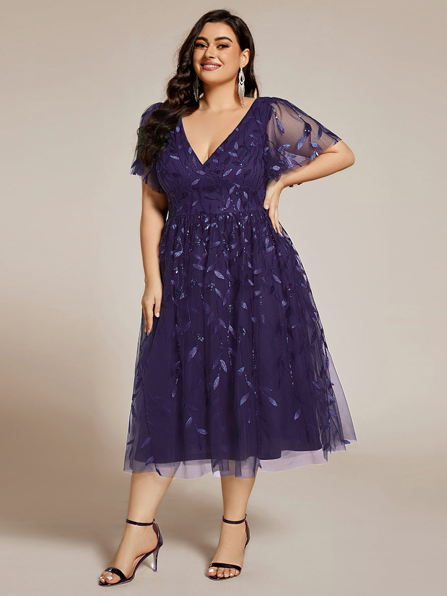 Robe d'invité de mariage formelle mi-longue à paillettes et feuilles à manches courtes #Couleur_Violet Fonce