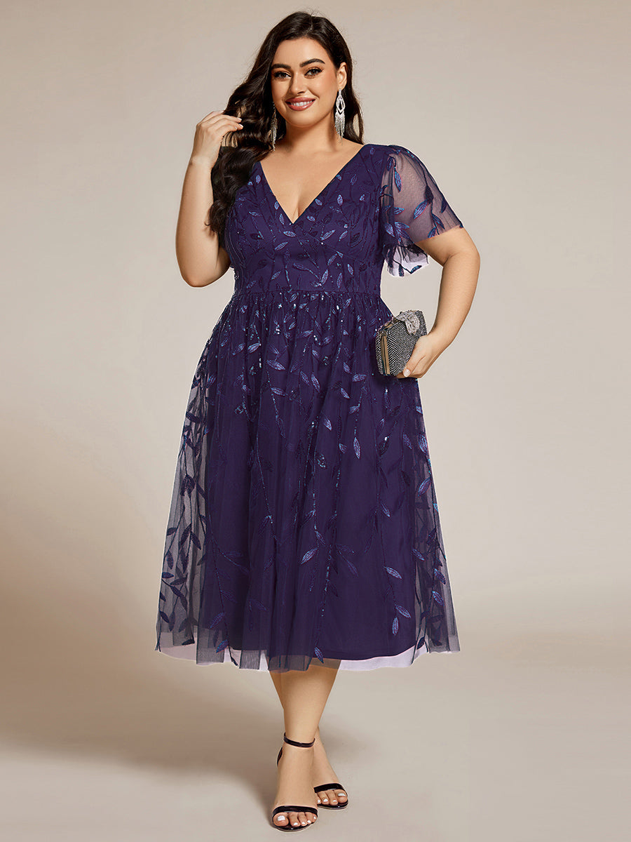 Robe d'invité de mariage formelle mi-longue à paillettes et feuilles à manches courtes #Couleur_Violet Fonce
