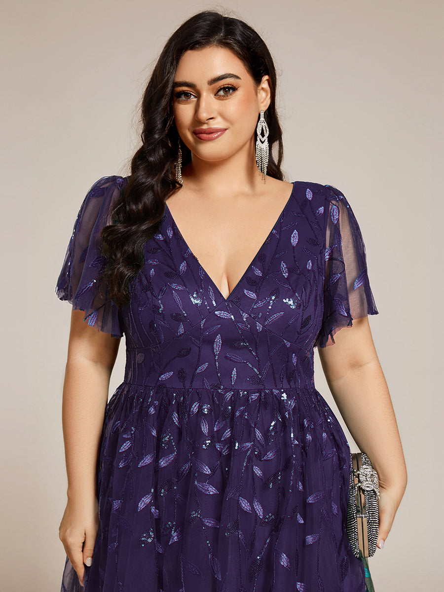 Robe d'invité de mariage formelle mi-longue à paillettes et feuilles à manches courtes #Couleur_Violet Fonce
