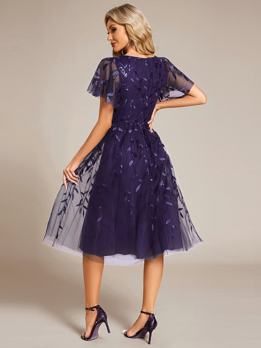 Robe d'invité de mariage formelle mi-longue à paillettes et feuilles à manches courtes #Couleur_Violet Fonce
