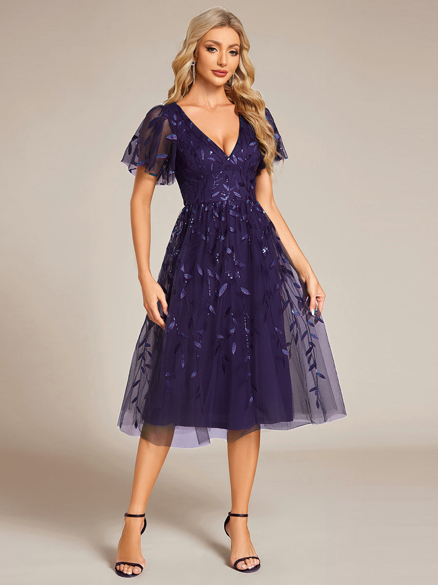 Robe d'invité de mariage formelle mi-longue à paillettes et feuilles à manches courtes #Couleur_Violet Fonce