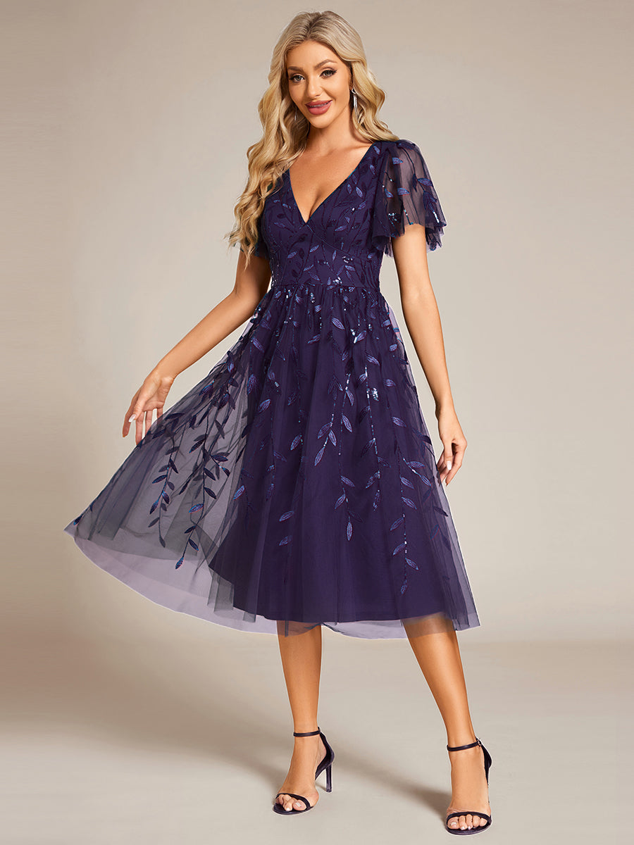 Robe d'invité de mariage formelle mi-longue à paillettes et feuilles à manches courtes #Couleur_Violet Fonce