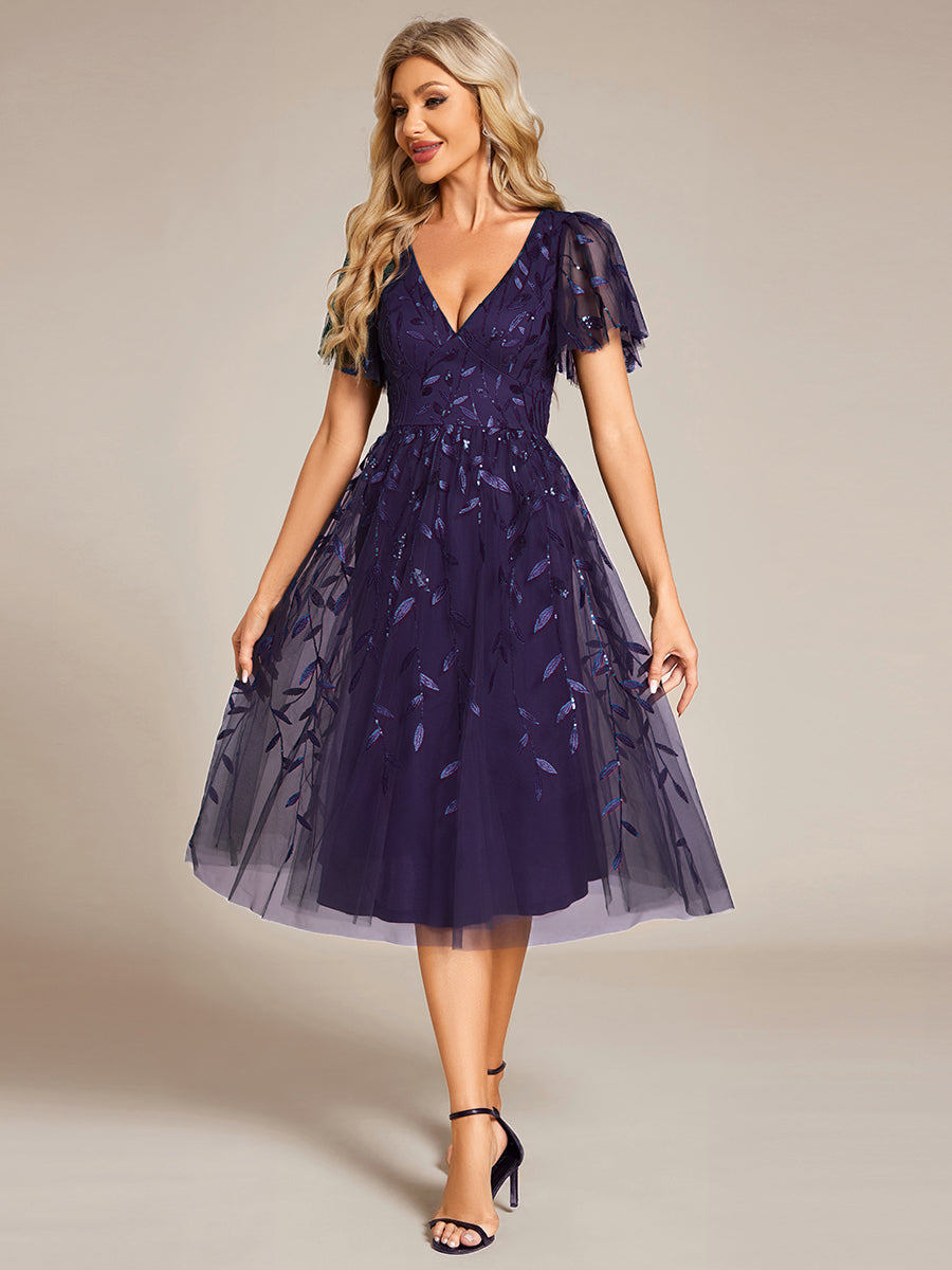 Robe d'invité de mariage formelle mi-longue à paillettes et feuilles à manches courtes #Couleur_Violet Fonce