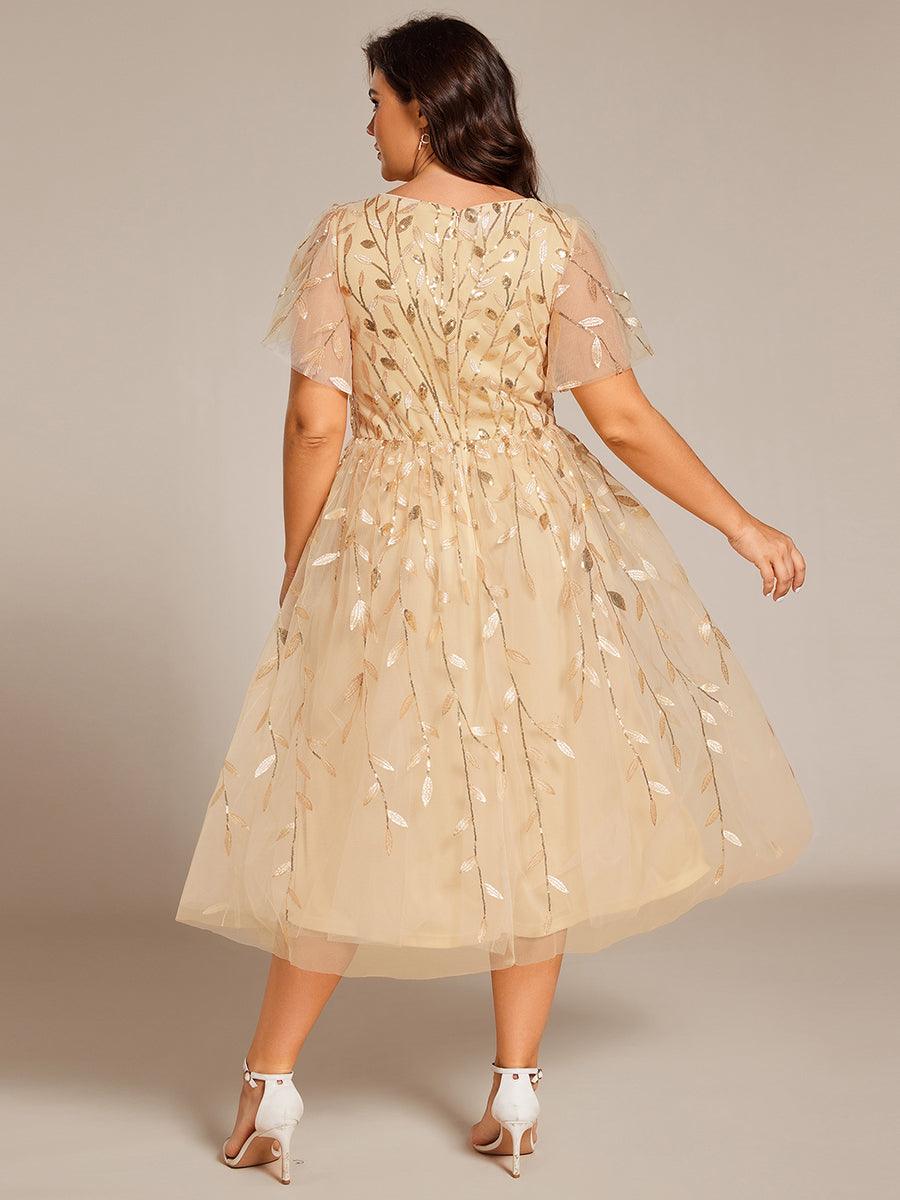 Robe d'invité de mariage formelle mi-longue à paillettes et feuilles à manches courtes #Couleur_Or