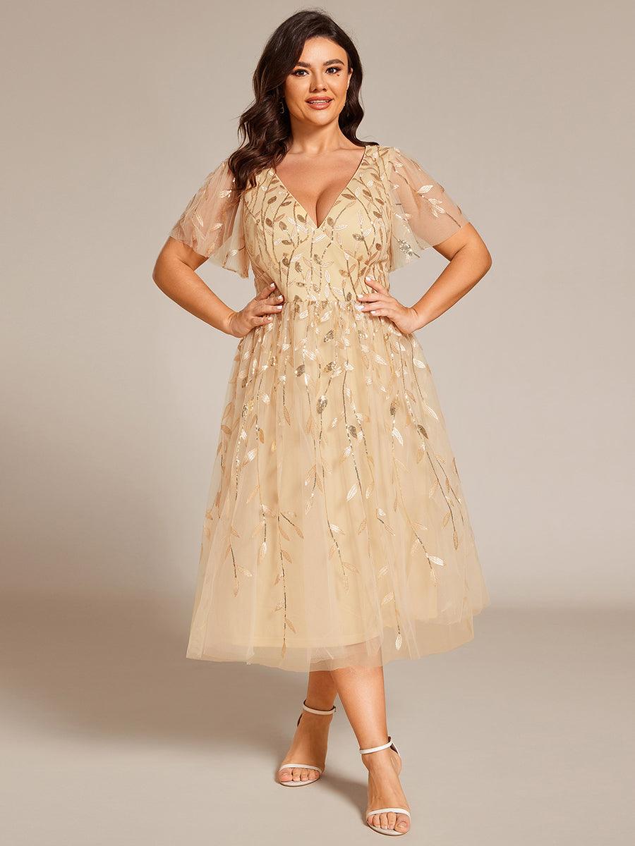 Robe d'invité de mariage formelle mi-longue à paillettes et feuilles à manches courtes #Couleur_Or