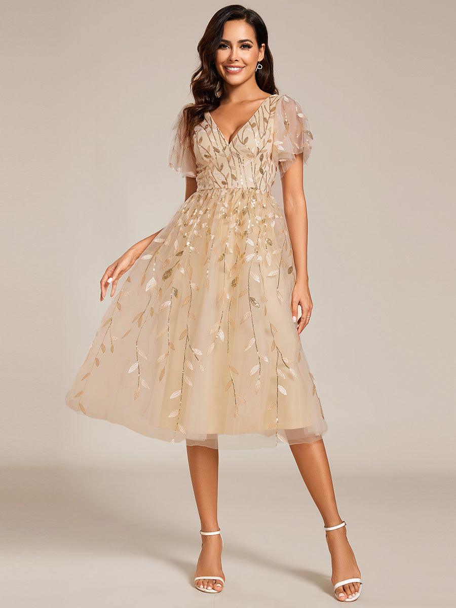 Robe d'invité de mariage formelle mi-longue à paillettes et feuilles à manches courtes #Couleur_Or