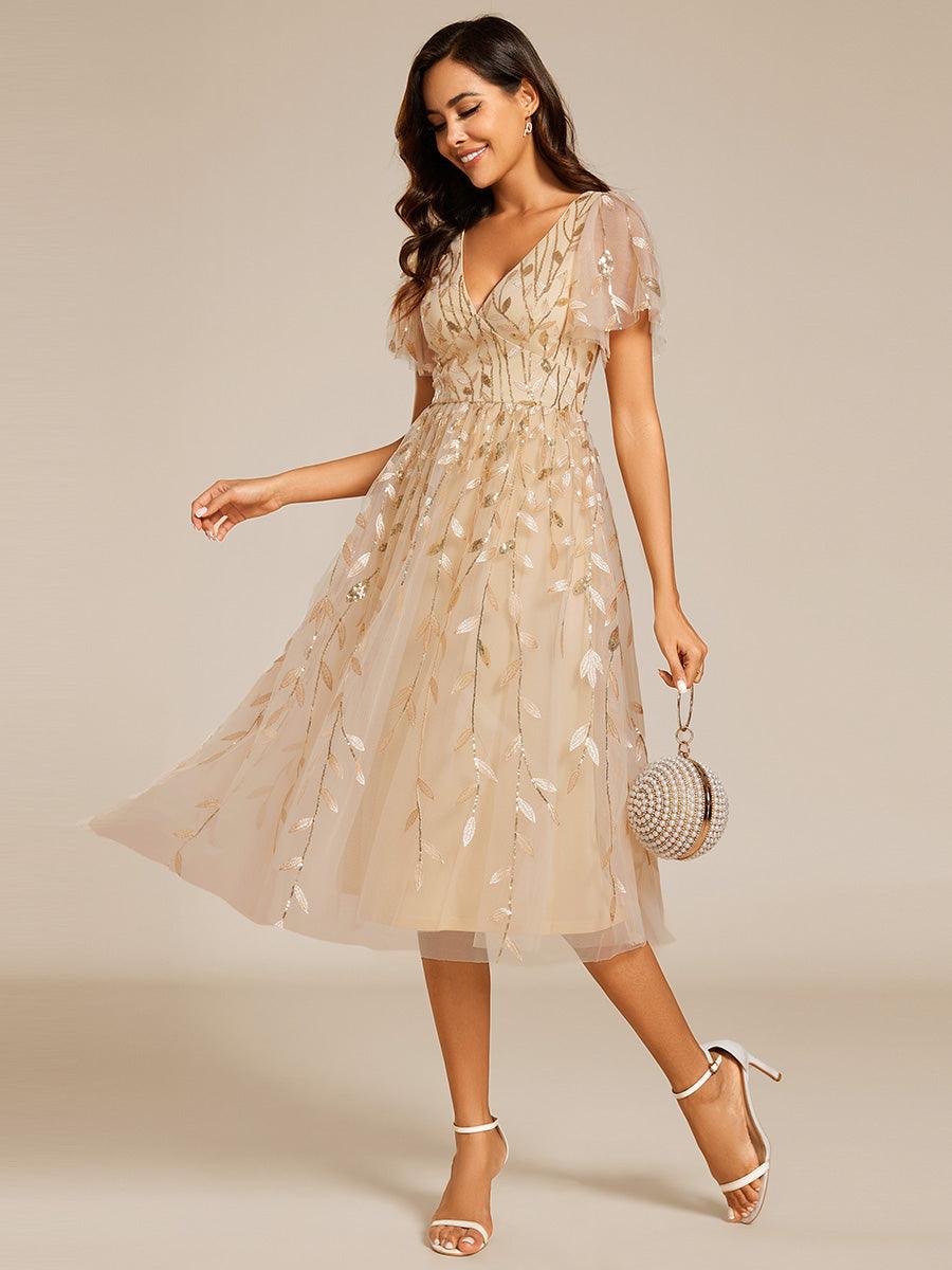 Robe d'invité de mariage formelle mi-longue à paillettes et feuilles à manches courtes #Couleur_Or