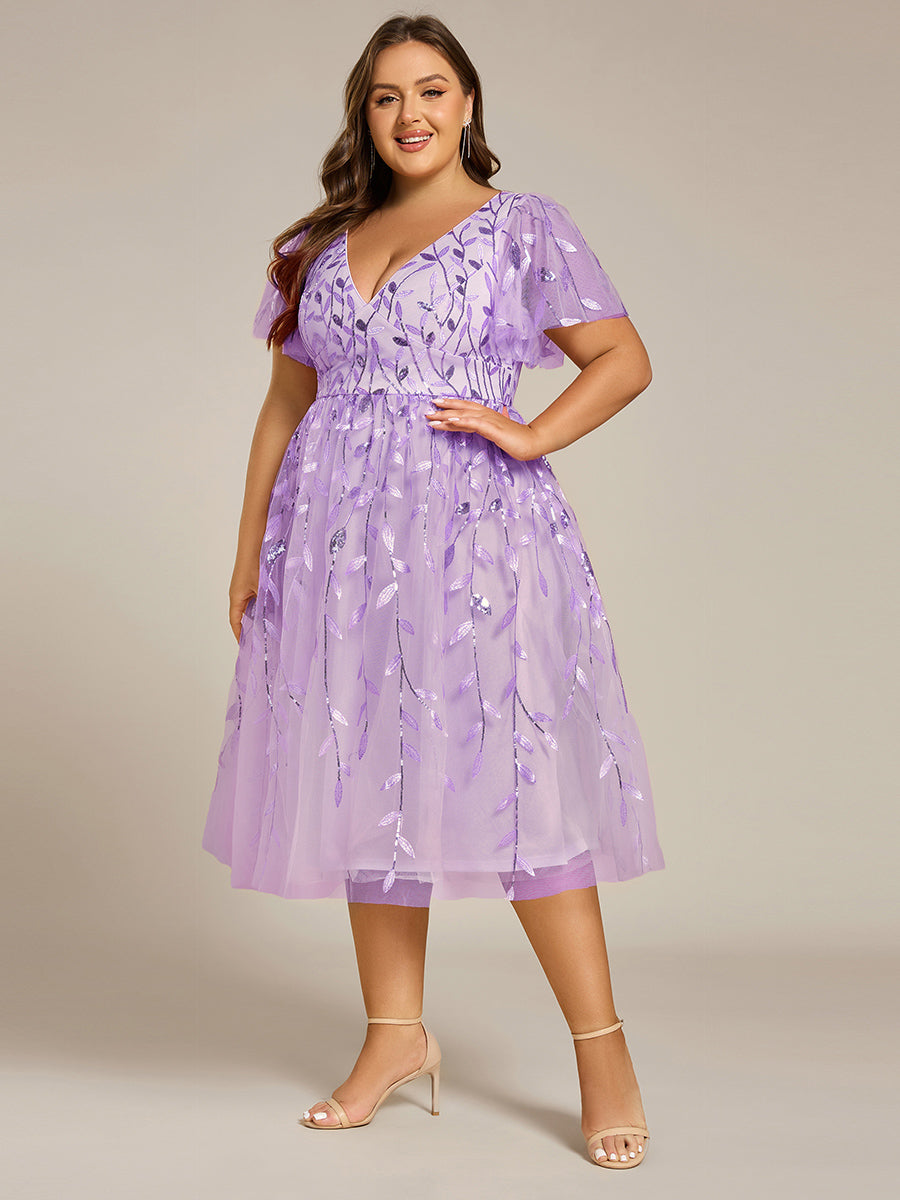 Robe d'invité de mariage formelle en tulle mi-longue scintillante de grande taille avec paillettes de feuilles #Couleur_Lavande