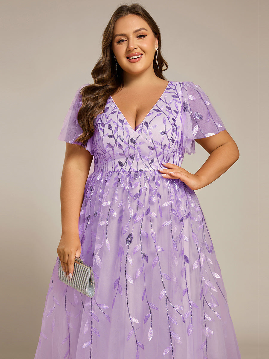 Robe d'invité de mariage formelle mi-longue à paillettes et feuilles à manches courtes #Couleur_Lavande