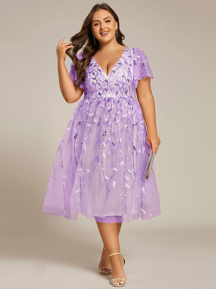 Robe d'invité de mariage formelle mi-longue à paillettes et feuilles à manches courtes #Couleur_Lavande
