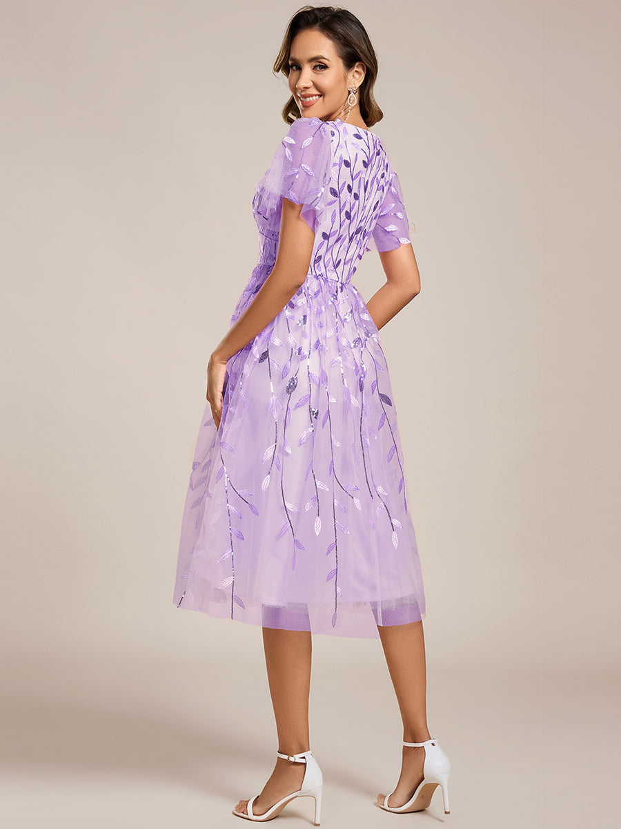 Robe d'invité de mariage formelle mi-longue à paillettes et feuilles à manches courtes #Couleur_Lavande