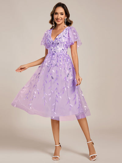 ever SIMONE|Robe d'invité de mariage formelle mi-longue à paillettes et feuilles à manches courtes