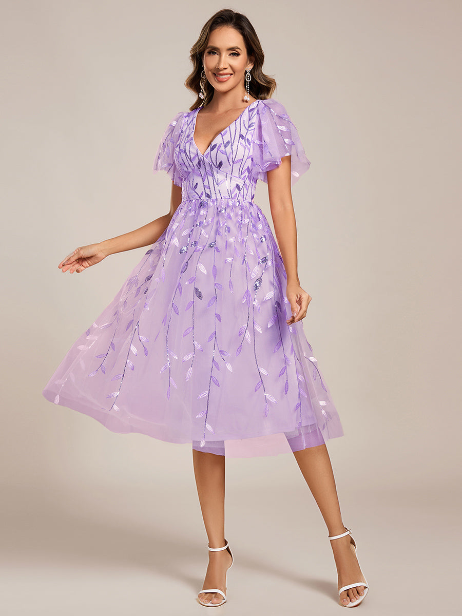 Robe d'invité de mariage formelle mi-longue à paillettes et feuilles à manches courtes #Couleur_Lavande