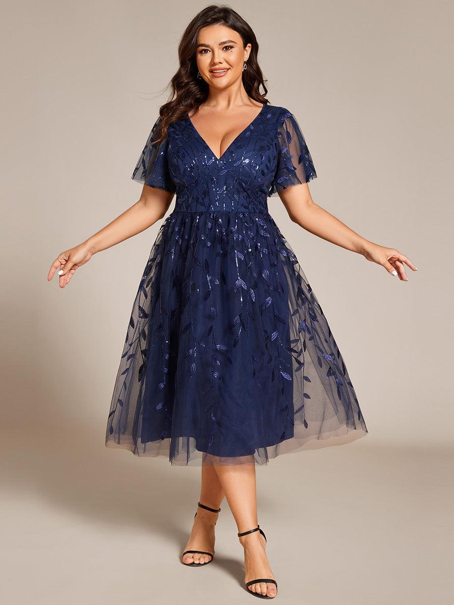 Robe d'invité de mariage formelle mi-longue à paillettes et feuilles à manches courtes #Couleur_Bleu Marine