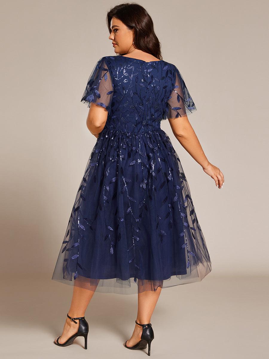 Robe d'invité de mariage formelle mi-longue à paillettes et feuilles à manches courtes #Couleur_Bleu Marine